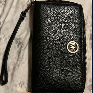 Michael Kors Black Leather Wristlet with Gold Logo